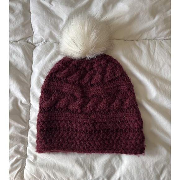 L.L. Bean Accessories - LL Bean‎ Chunky Cable Knit Hat Burgundy Maroon Wool Blend White Pom Winter Ski